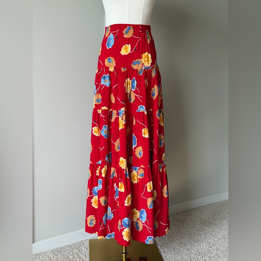 Gotca Covered Boho Vintage Rayon Floral Red Peasant Maxi Skirt - Made in USA